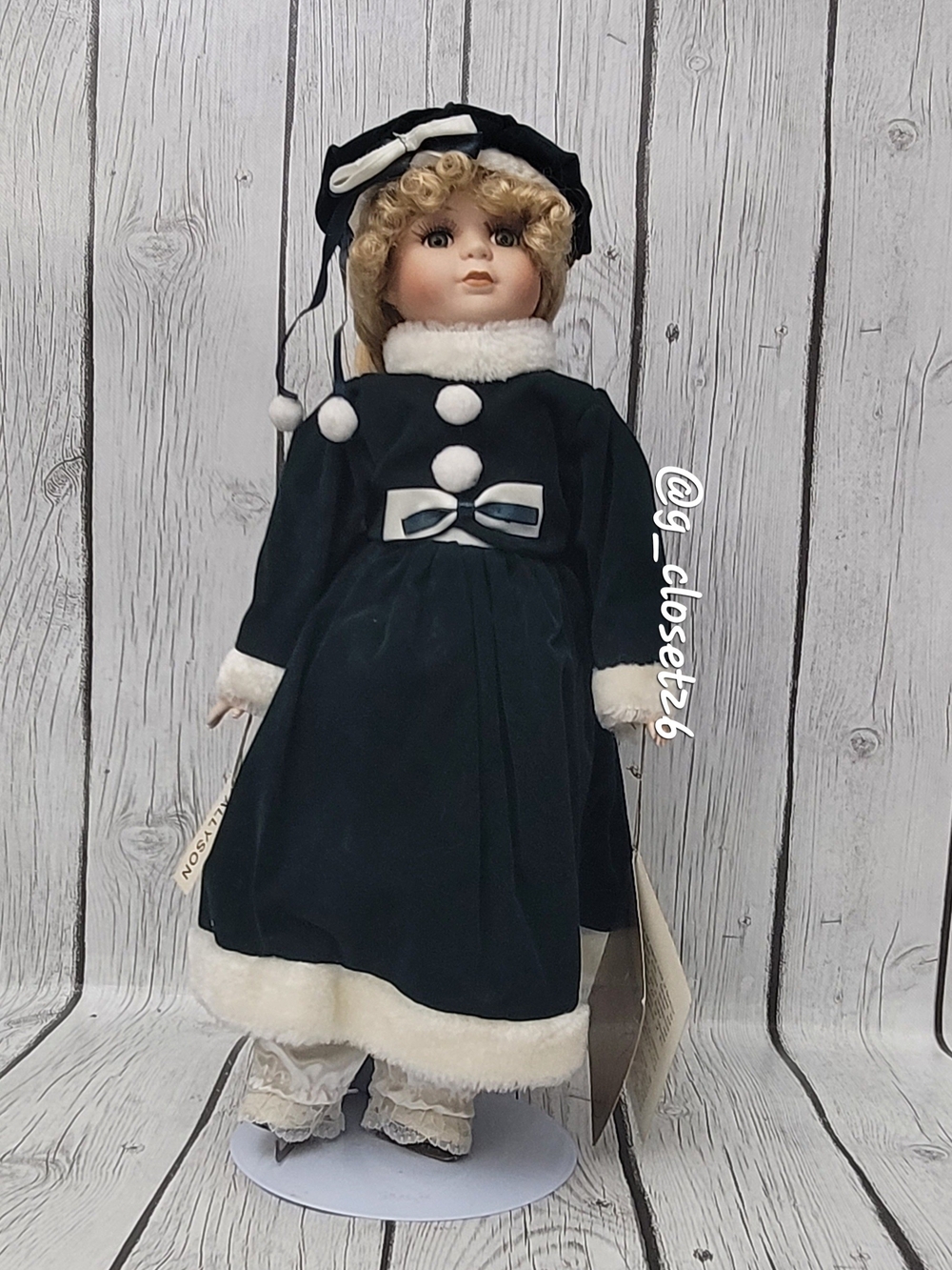 Classic Porcelain Doll in Dark Green & White Dress - Collector Decorative Doll